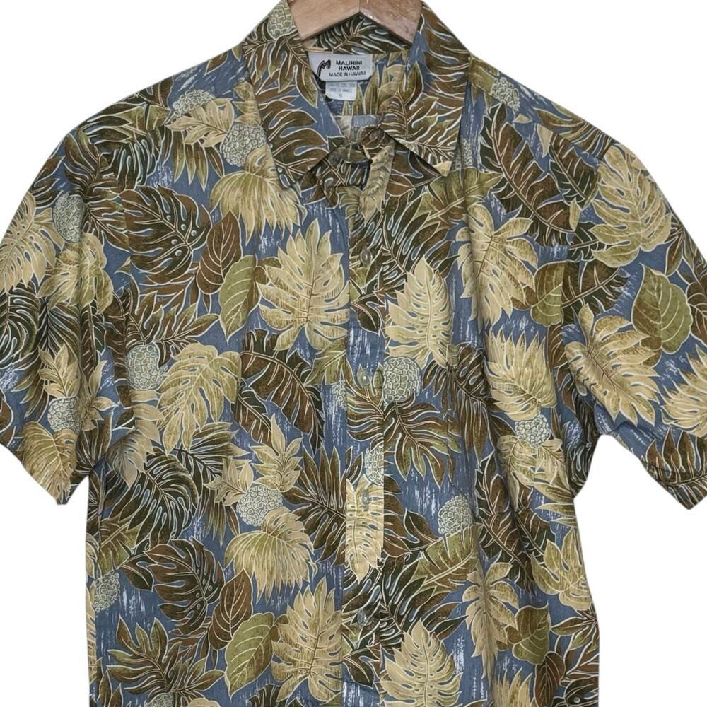 Malihini Hawaii Men's Medium Tan Blue Palm Print Short Sleeve Shirt